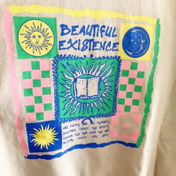 UO Urban Outfitters S M Unisex Beautiful Existence Crewneck Tan Sweatshirt Flaw - Picture 5 of 9